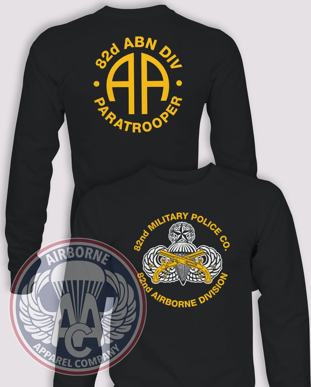82nd Military Police (MP) Company Long-Sleeve T-Shirt Replica, Black, Paratrooper, front and back views