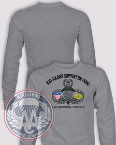 82D Soldier Support Battalion (SSB) Reproduction Long Sleeve T-shirt – Heather Grey – 82SSB-001; front print, blank back and sleeves