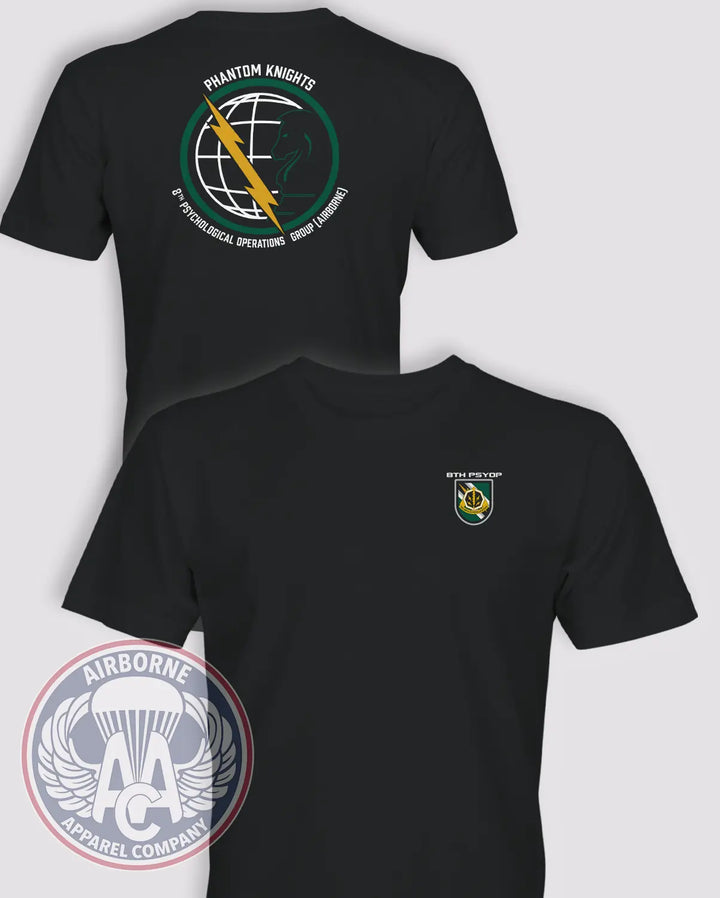 8th Psychological Operations Group (Airborne) black T-shirt, front and back