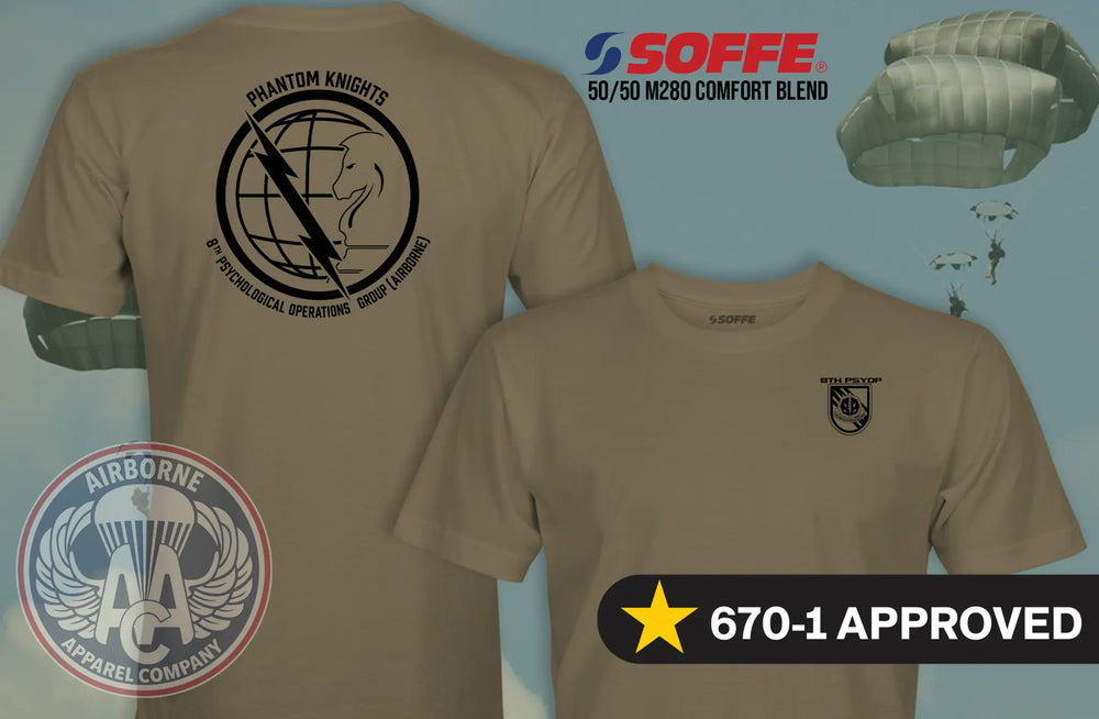 8th Psychological Operations Group (Airborne) 670-1 approved tan T-shirt, front and back