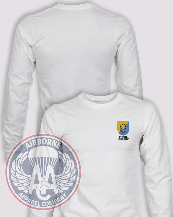 8th Special Forces Group Flash Long Sleeve T-shirt – White – 8SFG-001A; front print, blank back and sleeves