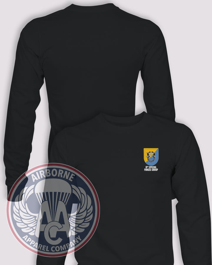 8th Special Forces Group Flash Long Sleeve T-shirt – Black – 8SFG-001B; front print, blank back and sleeves