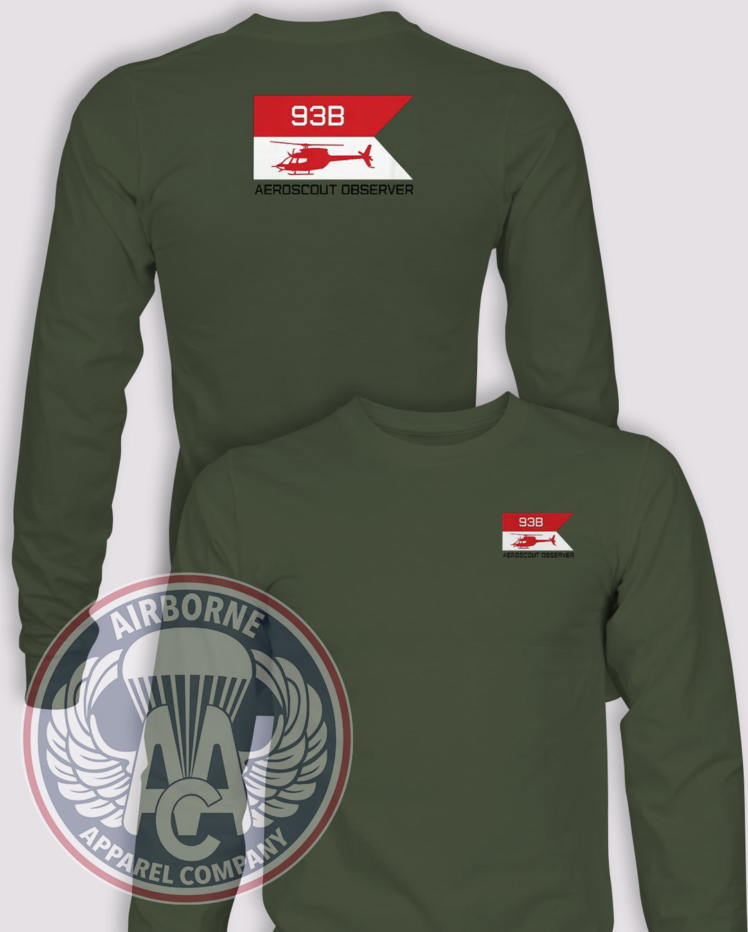 93B AeroScout Observer Guidon Long-Sleeve T-Shirt, OD Green, front and back views