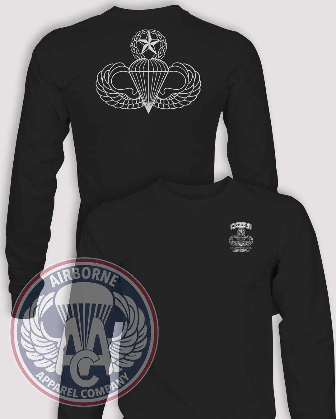 U.S. Army Airborne School Instructor Long-Sleeve T-Shirt, Black, front and back views