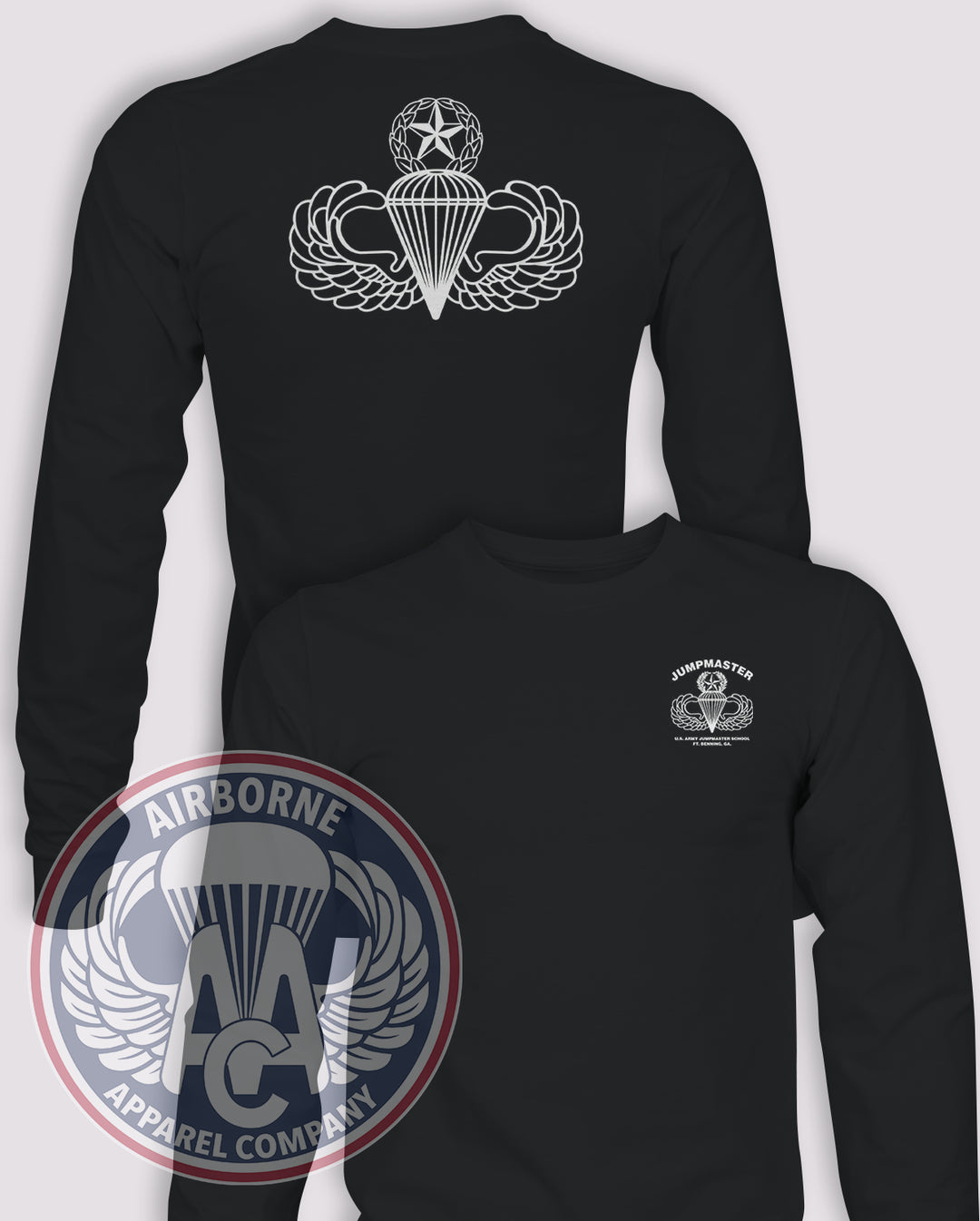 Jumpmaster School Long-Sleeve T-Shirt, Black, Benning, front and back views