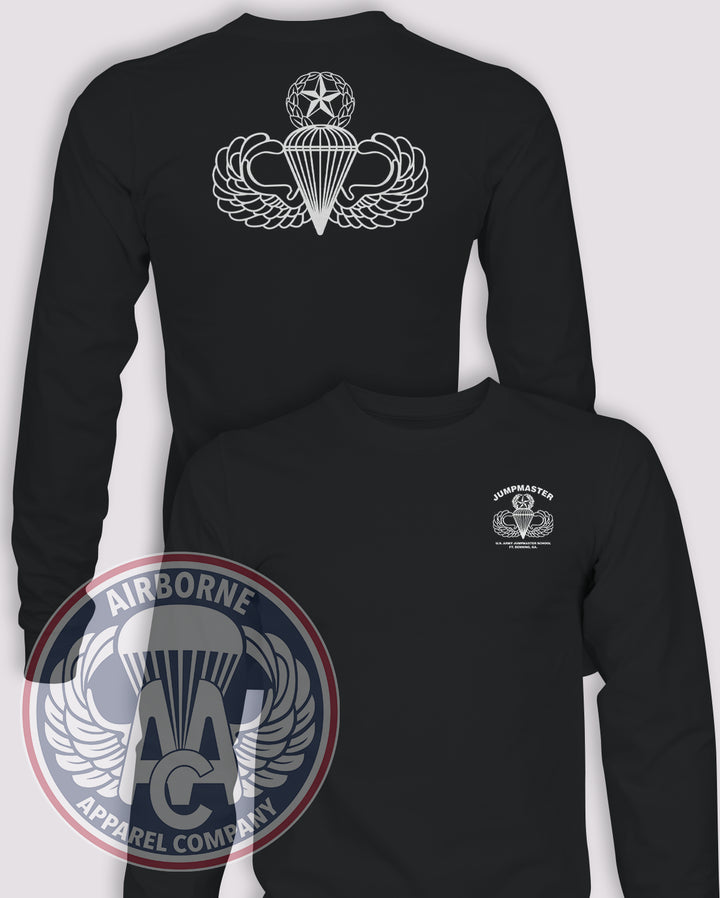 Jumpmaster School Long-Sleeve T-Shirt, Black, Benning, front and back views