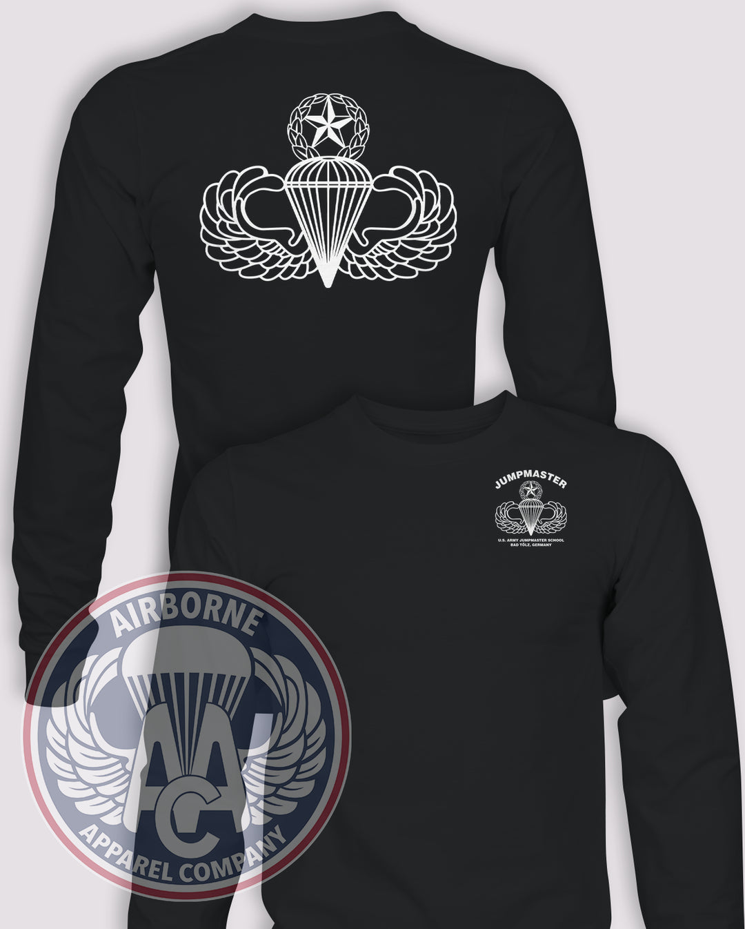 Jumpmaster School Long-Sleeve T-Shirt, Black, Bad Tölz, Germany, front and back views