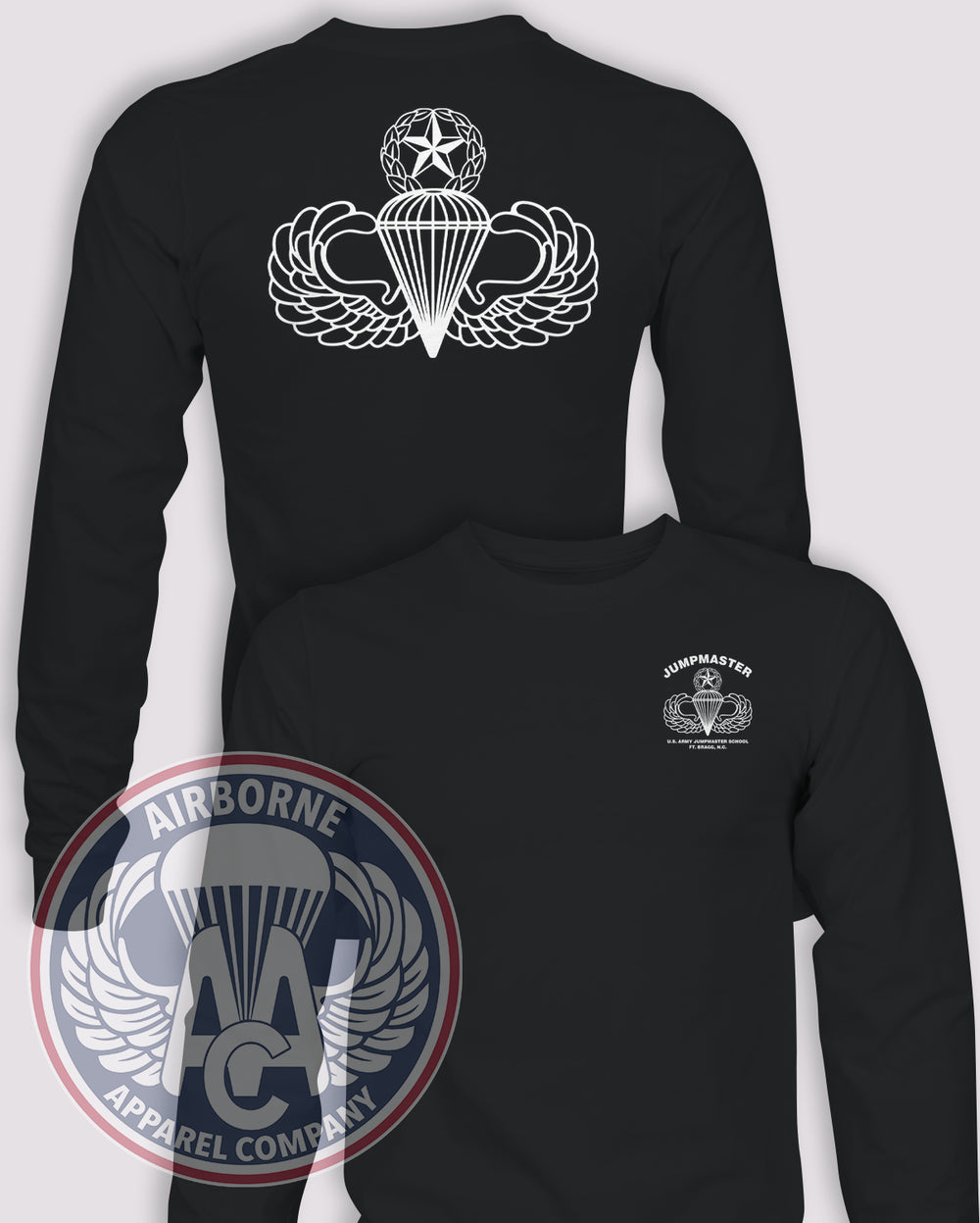 Jumpmaster School Long-Sleeve T-Shirt, Black, Bragg, front and back views