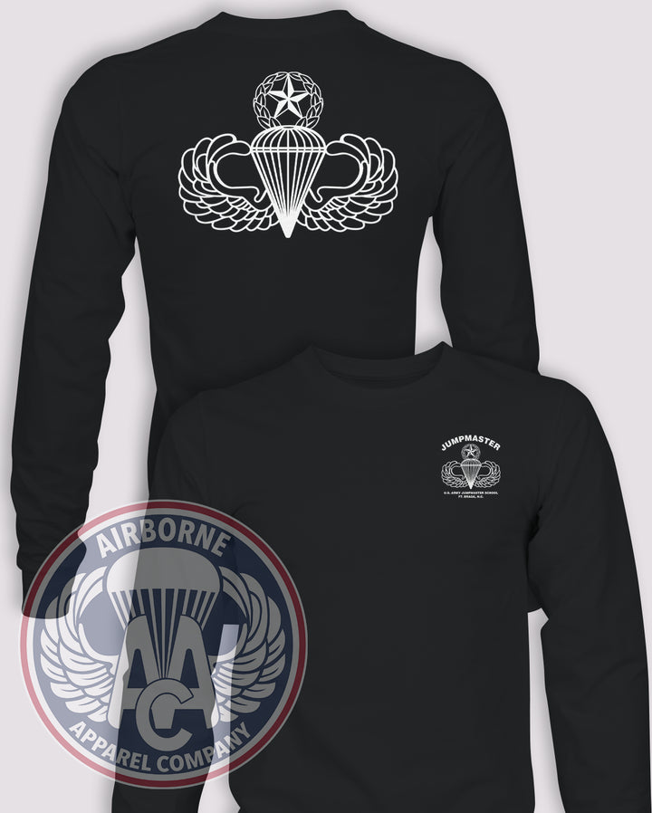 Jumpmaster School Long-Sleeve T-Shirt, Black, Bragg, front and back views