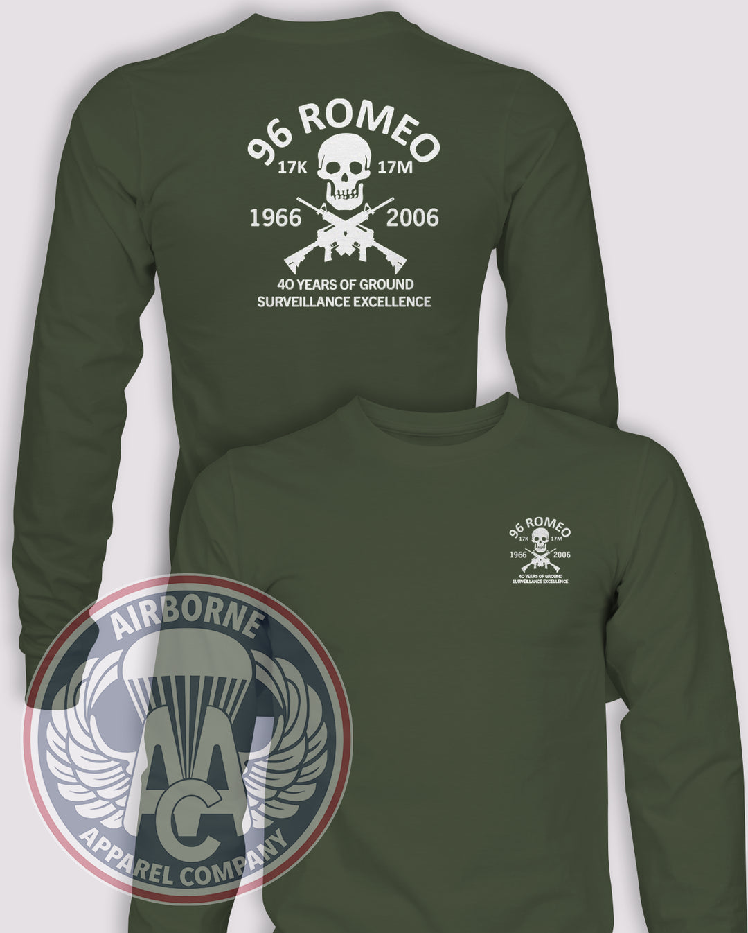 96R 17K 17M 40 Years Long-Sleeve T-Shirt, OD Green, front and back views