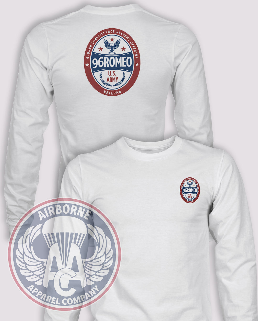 96R GSS/GSR Veteran Long-Sleeve T-Shirt, White, front and back views