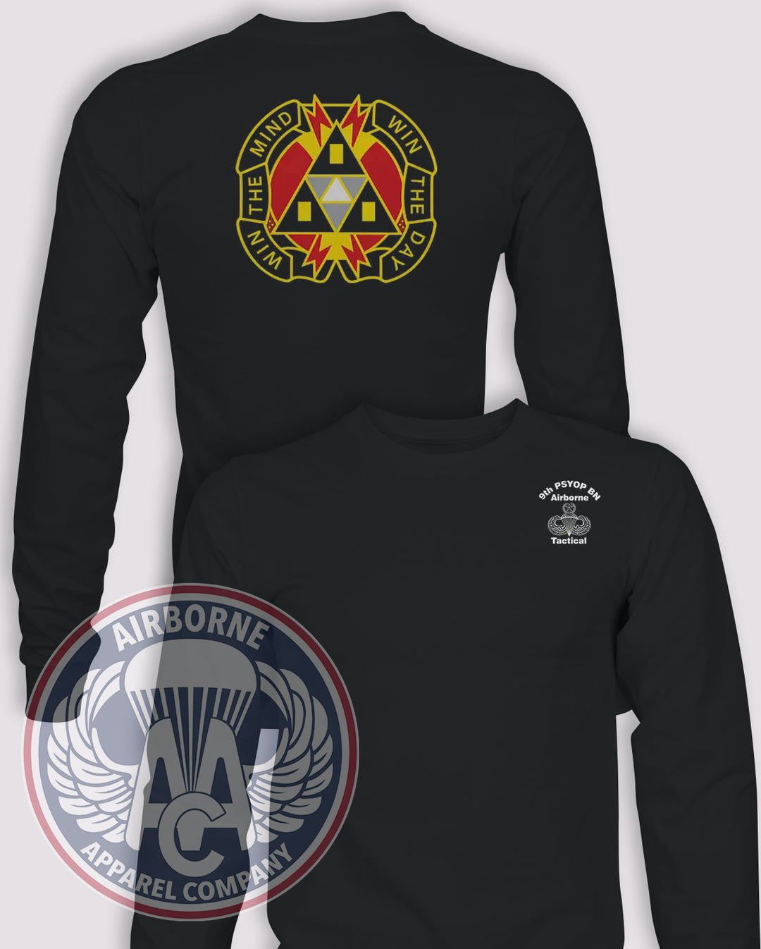 9th PSYOP Battalion Tactical PT Long-Sleeve T-Shirt Reproduction, Black, front and back views