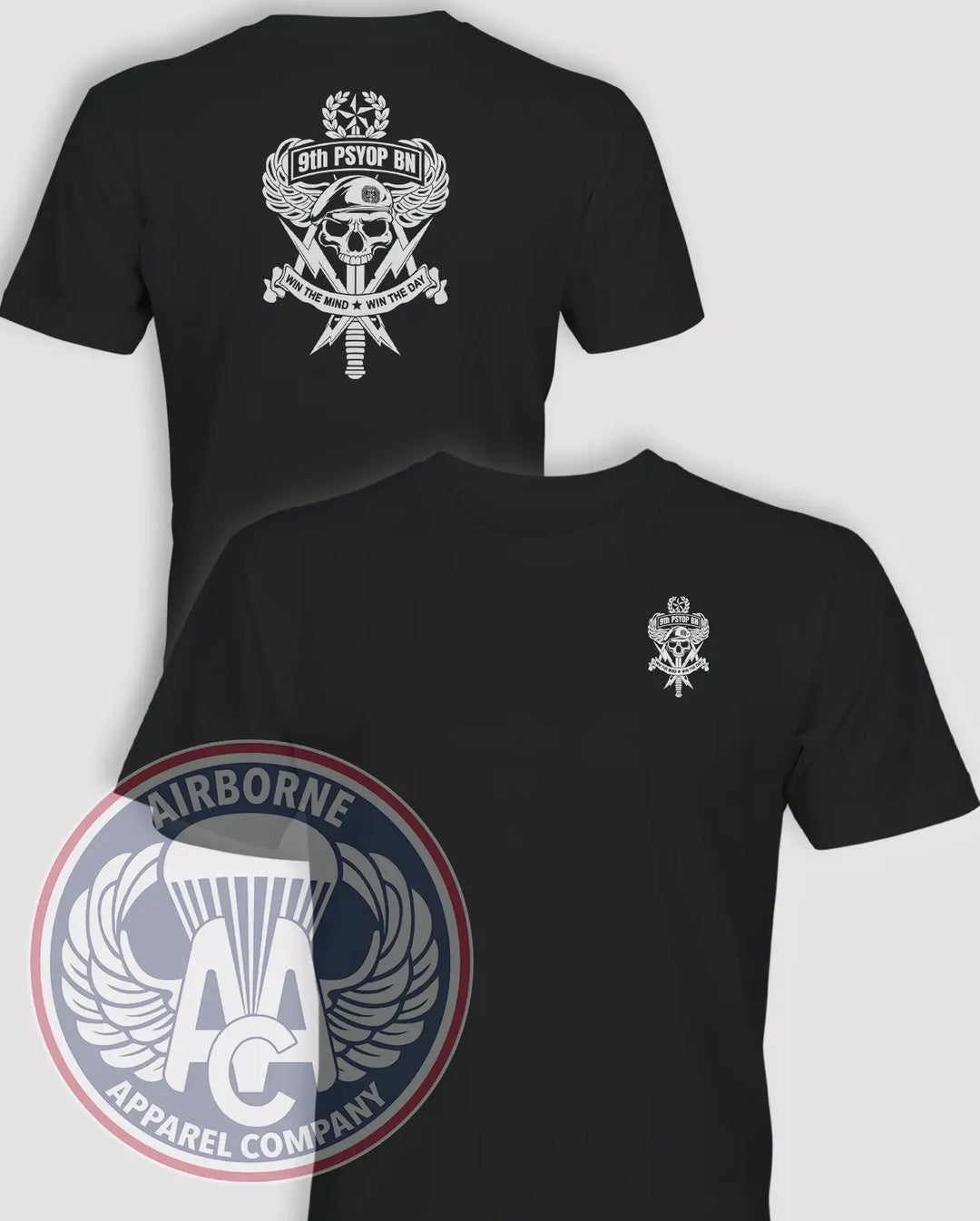 9th PSYOP Skull and Swords black lightweight cotton T-shirt, front and back views