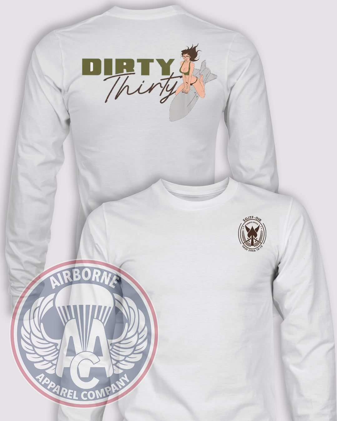 Aco 9th PSYOP Battalion 9A30 “Dirty Thirty” SOJTF-OIR Long-Sleeve T-Shirt, White, front and back views