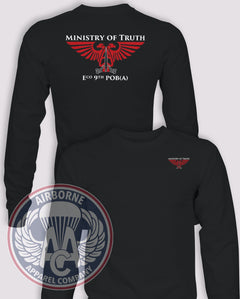 Ministry of Truth E Company 9th PSYOP BN (A) Long-Sleeve T-Shirt, Black, front and back views