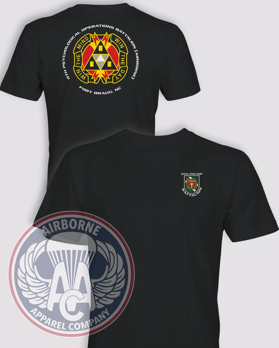 9th Psychological Operations Battalion (Airborne) black T-shirt, front and back views