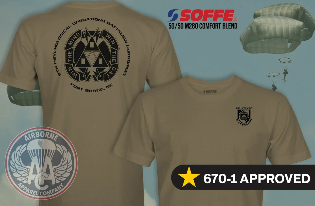9th Psychological Operations Battalion (Airborne) 670-1 Coyote Brown T-shirt, front and back views