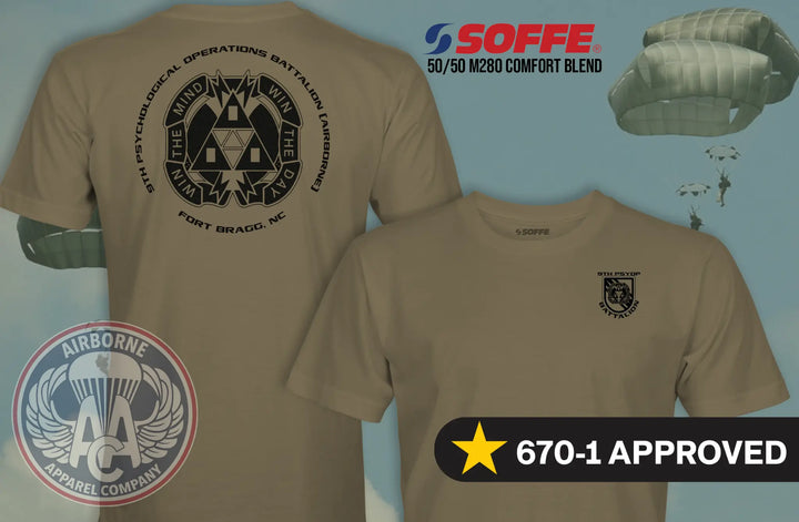9th Psychological Operations Battalion (Airborne) 670-1 Coyote Brown T-shirt, front and back views