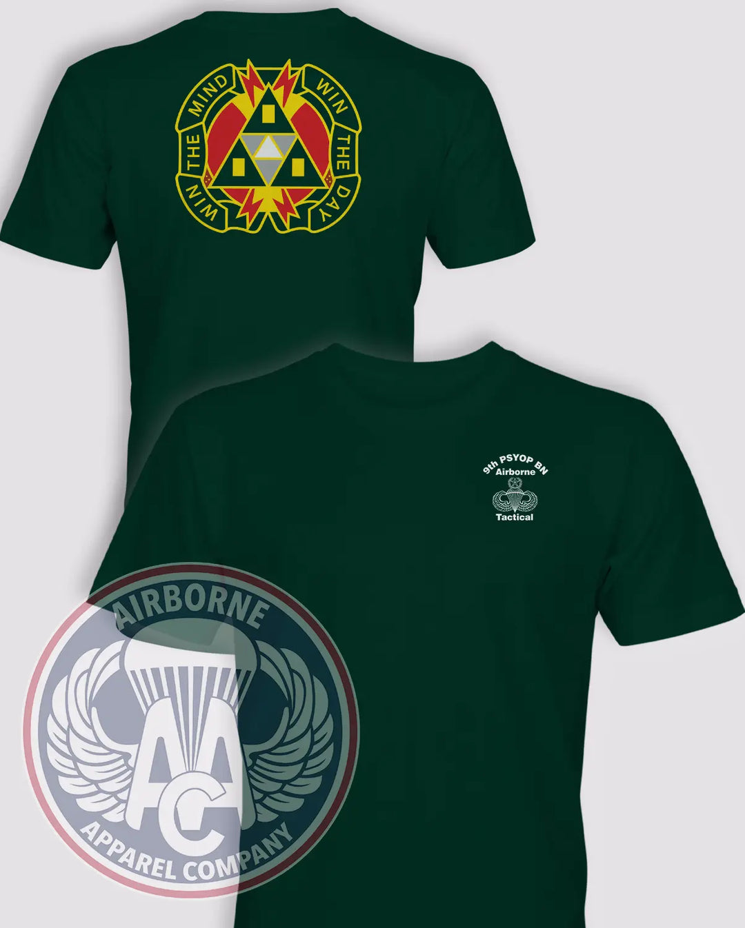 9th PSYOP Battalion Tactical PT Shirt reproduction in Forest Green, front and back views