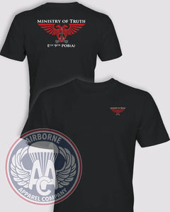 Ministry of Truth E Company 9th PSYOP Battalion Airborne black T-shirt, front and back views