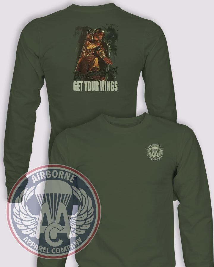 Don’t be a Leg! Airborne Apparel Long-Sleeve T-Shirt, OD Green, front and back views