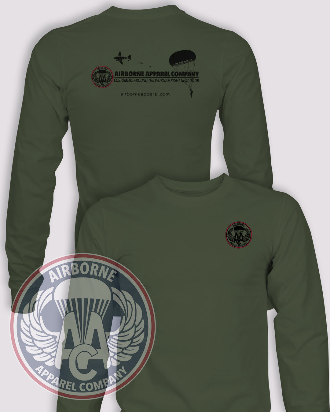 Authentic American Paratroopers -  Airborne Apparel Long-Sleeve T-Shirt, OD Green, front and back views