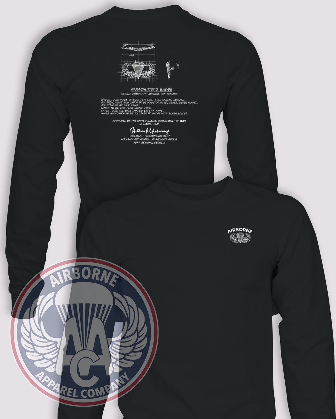 Yarborough Parachutist Badge Long-Sleeve T-Shirt, Black, front and back views