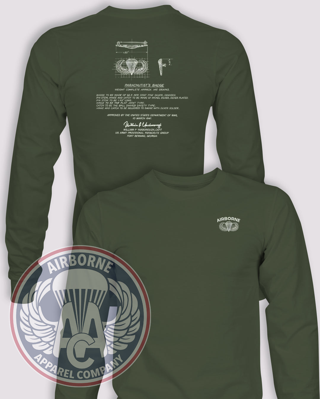 Yarborough Parachutist Badge Long-Sleeve T-Shirt, OD Green, front and back views