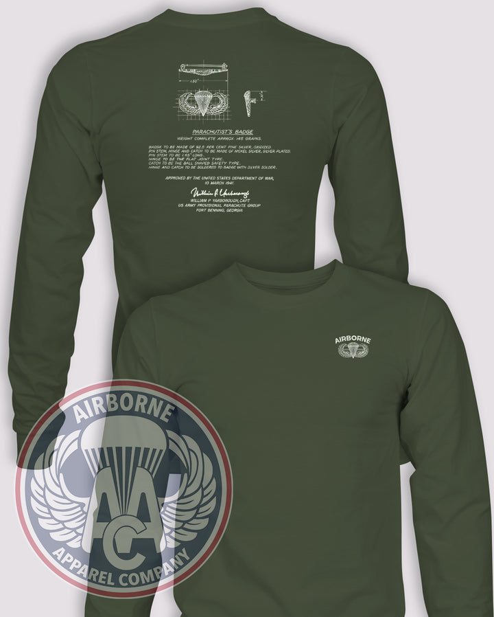Yarborough Parachutist Badge Long-Sleeve T-Shirt, OD Green, front and back views