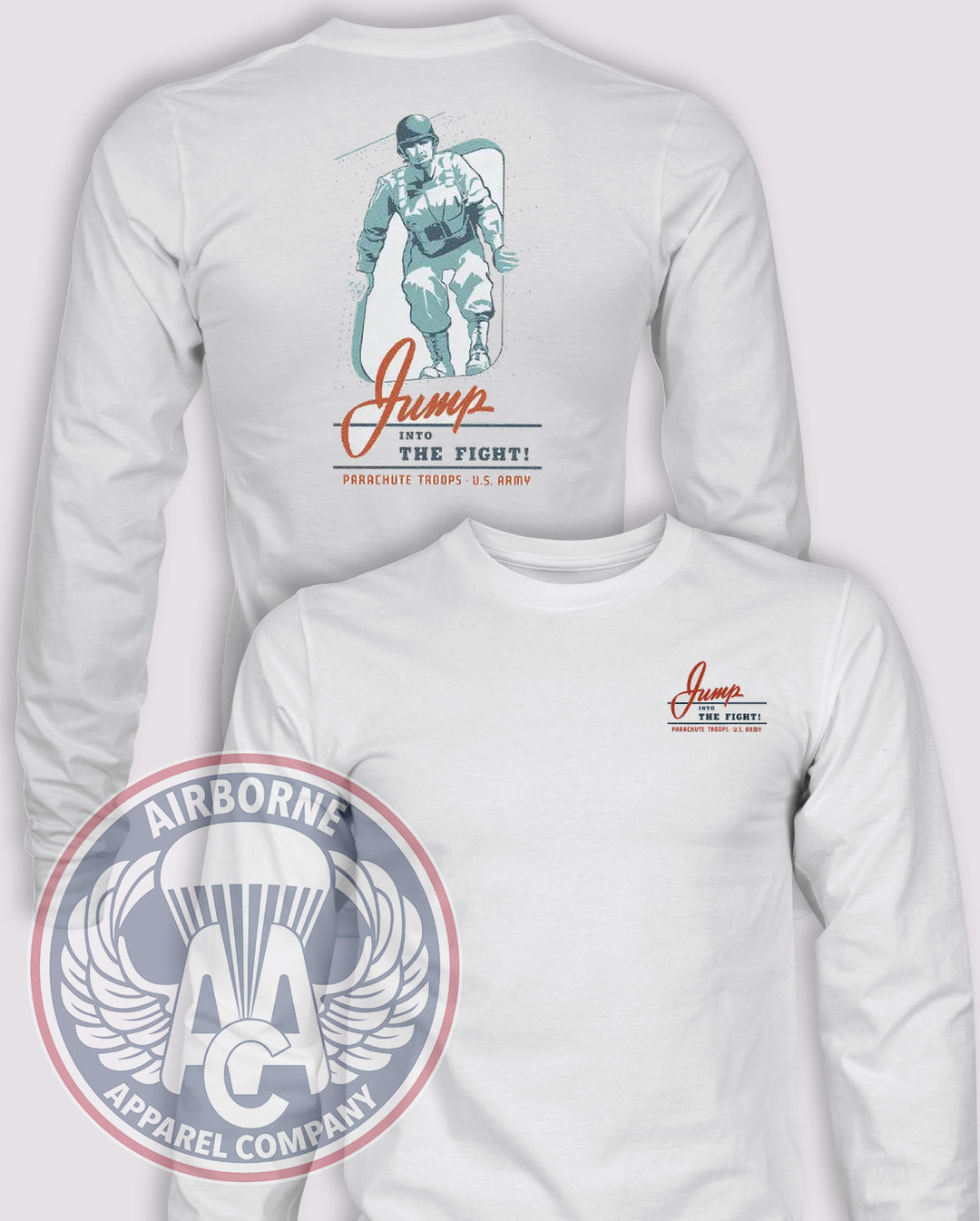Parachute Troops Long-Sleeve T-Shirt, White, front and back views