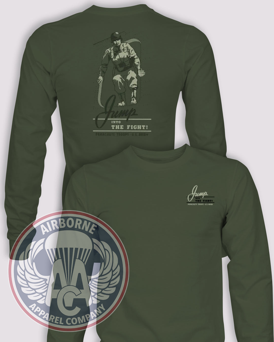 Parachute Troops Long-Sleeve T-Shirt, OD Green, front and back views