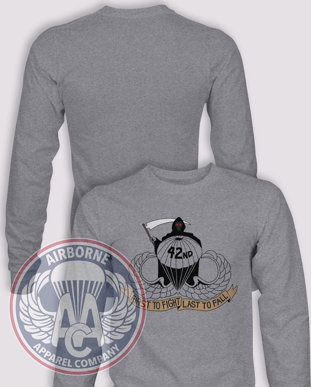 42nd Company, 4th Student Battalion Long Sleeve T-shirt – Heather Grey – ABN-SCHL-042; front print, blank back and sleeves