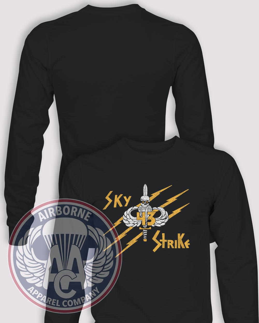 43rd Company, 4th Student Battalion Distressed Long Sleeve T-shirt – Black – ABN-SCHL-043B; front print, blank back and sleeves