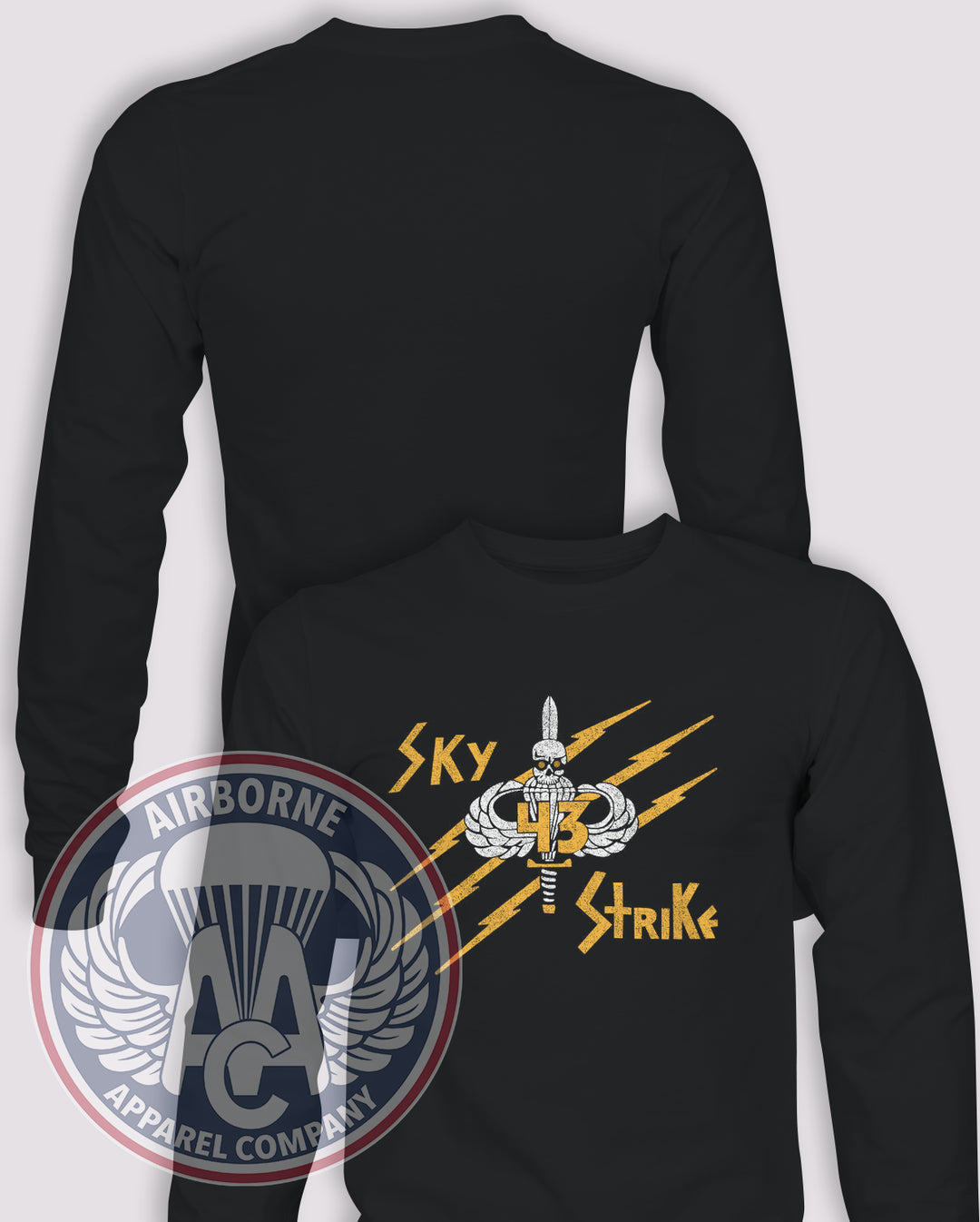 43rd Company, 4th Student Battalion Distressed Long Sleeve T-shirt – Black – ABN-SCHL-043B; front print, blank back and sleeves