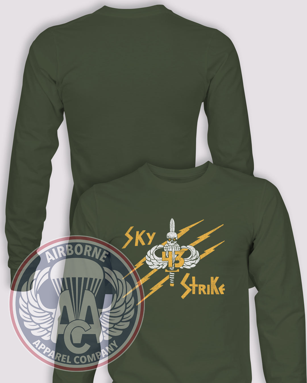 43rd Company, 4th Student Battalion Distressed Long Sleeve T-shirt – OD Green – ABN-SCHL-043B; front print, blank back and sleeves