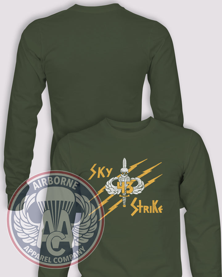 43rd Company, 4th Student Battalion Distressed Long Sleeve T-shirt – OD Green – ABN-SCHL-043B; front print, blank back and sleeves
