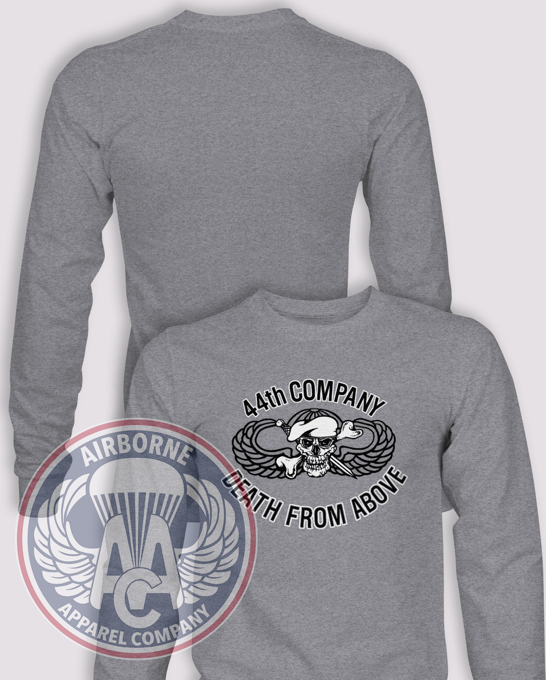 44th Company, 4th Student Battalion Long Sleeve T-shirt – Heather Grey – ABN-SCHL-044; front print, blank back and sleeves
