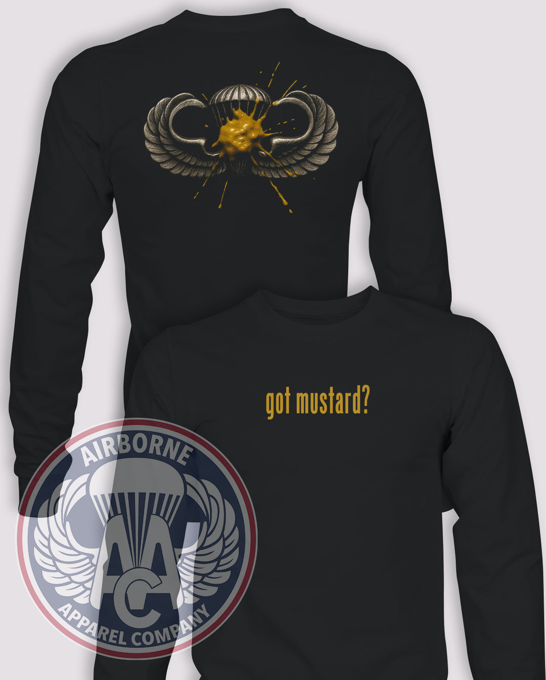 Got Mustard? Mustard Stain Long-Sleeve T-Shirt, Black, front and back views