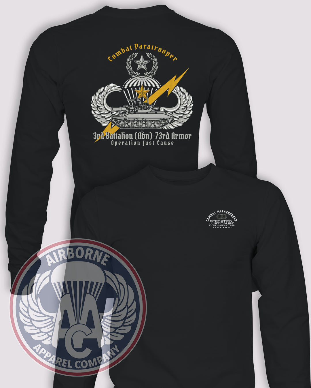 3-73 Armor Operation Just Cause Combat Paratrooper Long-Sleeve T-Shirt, Black, front and back views