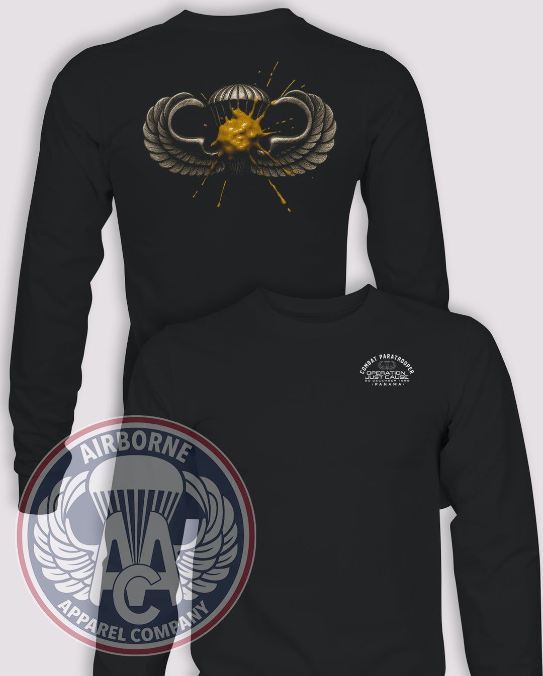 Operation Just Cause Combat Paratrooper Long-Sleeve T-Shirt, Black, Mustard Stain, front and back views
