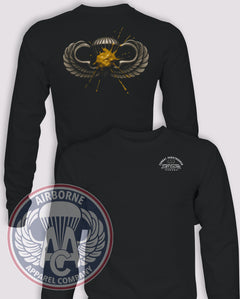 Operation Just Cause Combat Paratrooper Long-Sleeve T-Shirt, Black, Mustard Stain, front and back views