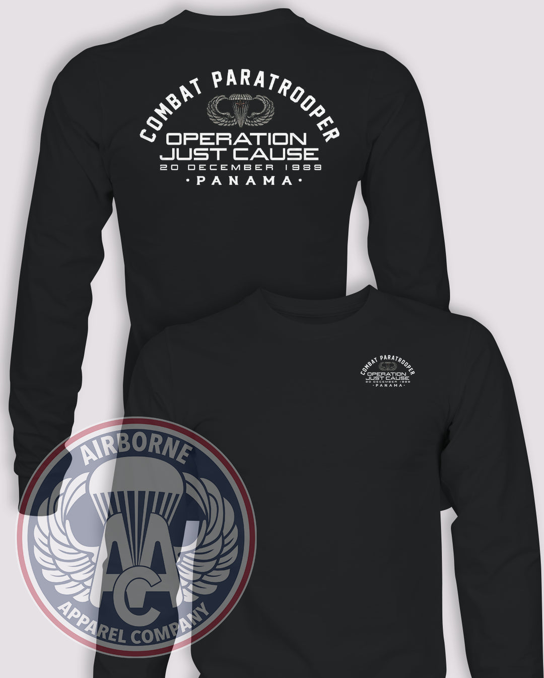 Operation Just Cause Combat Paratrooper Long-Sleeve T-Shirt, Black, Standard Graphic, front and back views
