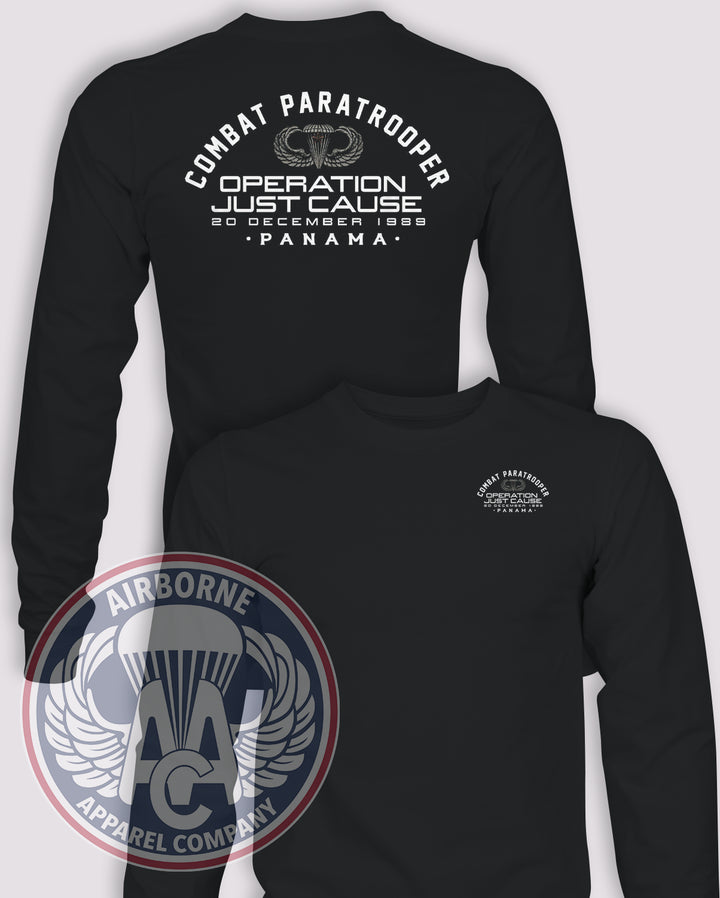 Operation Just Cause Combat Paratrooper Long-Sleeve T-Shirt, Black, Standard Graphic, front and back views