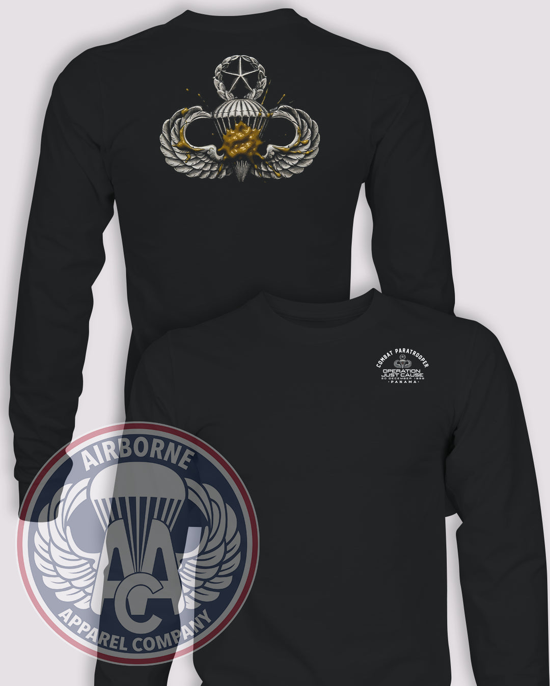 Operation Just Cause Combat Paratrooper Long-Sleeve T-Shirt, Black, JM Mustard Stain, front and back views