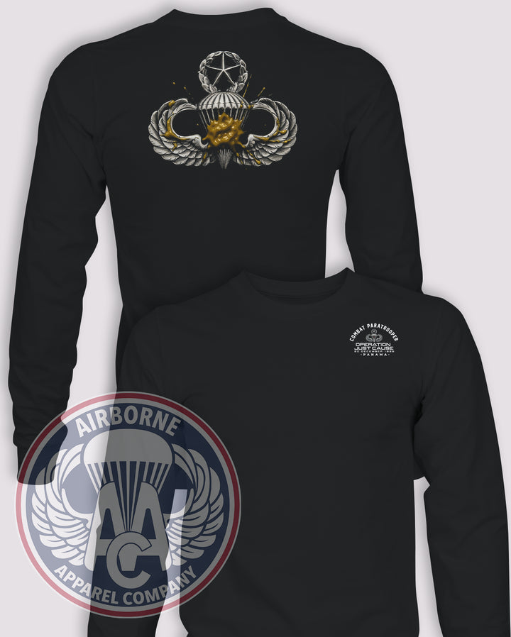 Operation Just Cause Combat Paratrooper Long-Sleeve T-Shirt, Black, JM Mustard Stain, front and back views