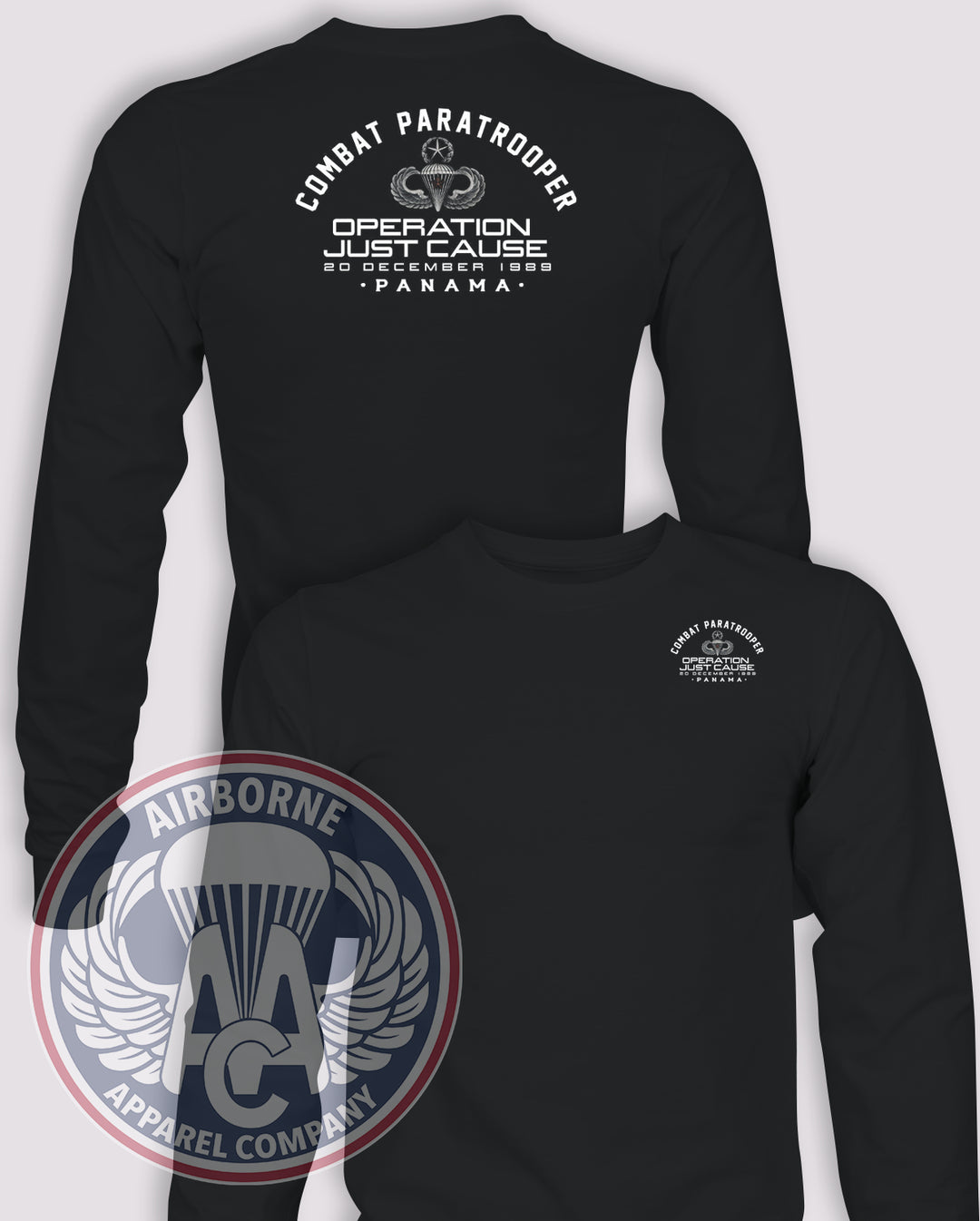Operation Just Cause Combat Paratrooper Long-Sleeve T-Shirt, Black, JM Standard Graphic, front and back views