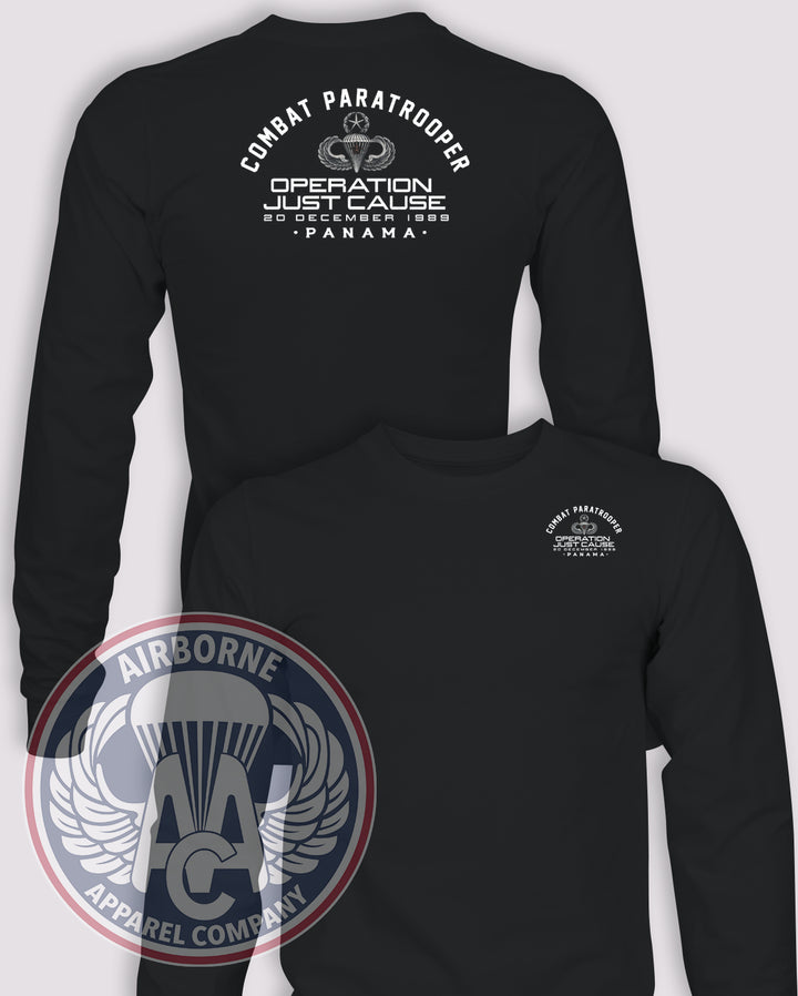 Operation Just Cause Combat Paratrooper Long-Sleeve T-Shirt, Black, JM Standard Graphic, front and back views