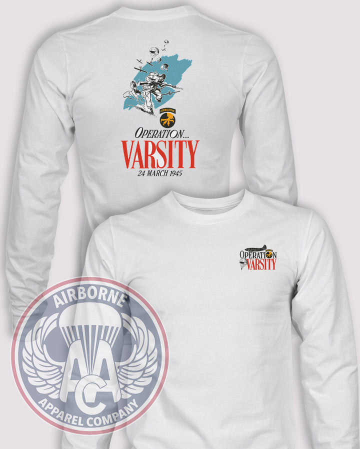 17th Airborne Division Operation VARSITY Long-Sleeve T-Shirt, White, front and back views