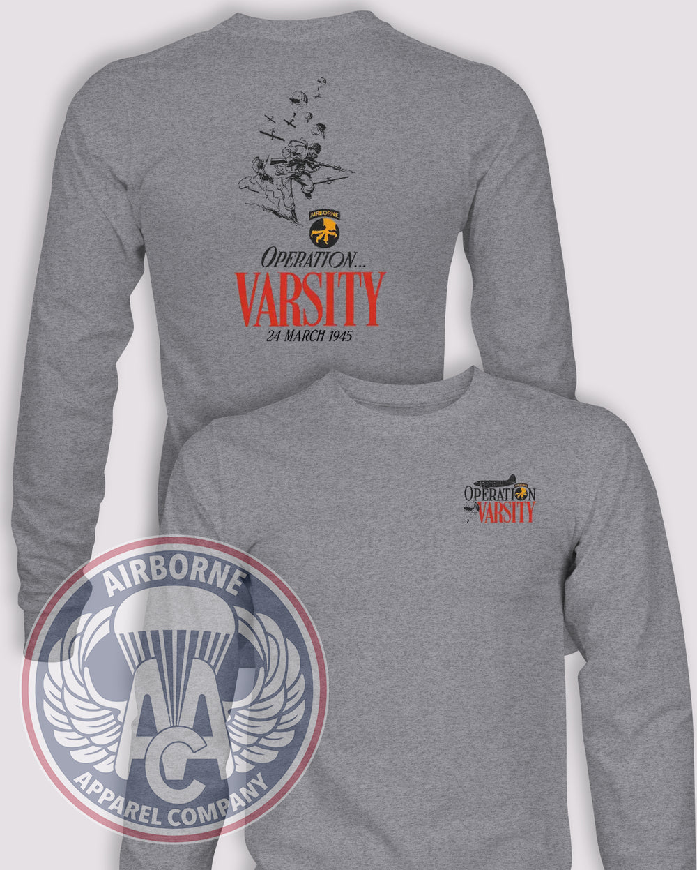 17th Airborne Division Operation VARSITY Long-Sleeve T-Shirt, Heather Grey, front and back views