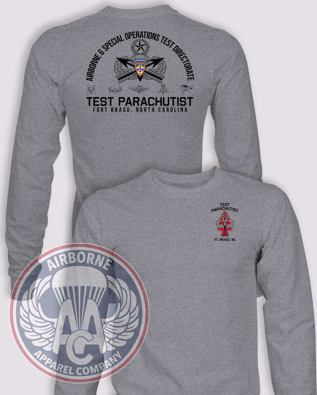 Test Parachutist ABNSOTD Long-Sleeve T-Shirt, Heather Grey, front and back views